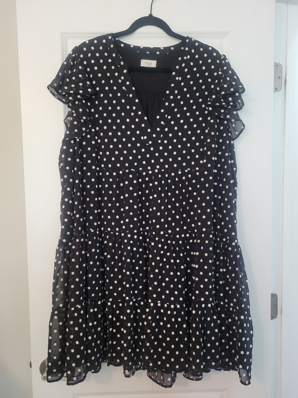 CeCe Black Dress with White Floral Polka Dot Print